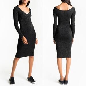 ALC Metallic Long Sleeve Dress V Neck Ribbed Midi - S
